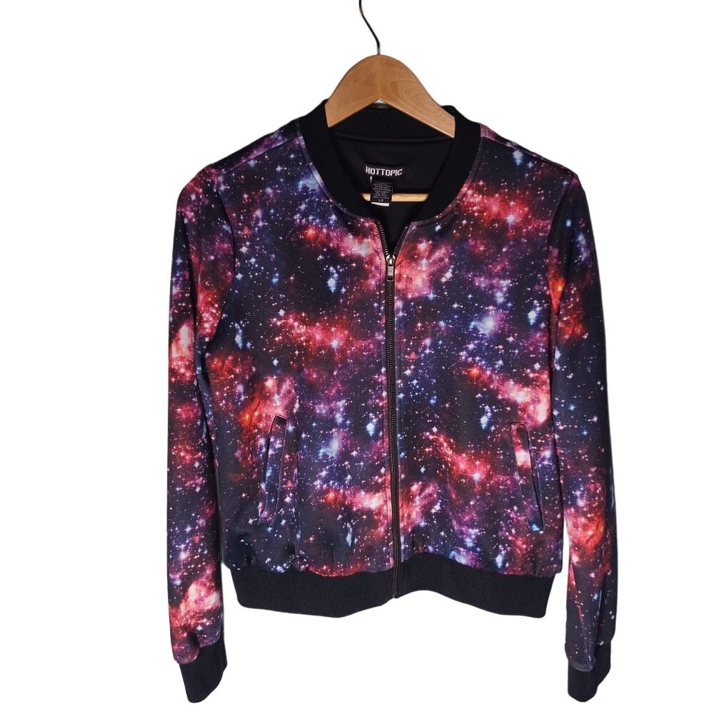 Hot Topic Bomber Jacket Womens Large Galaxy Stars Spacecore Purple Punk Skater - Picture 1 of 10
